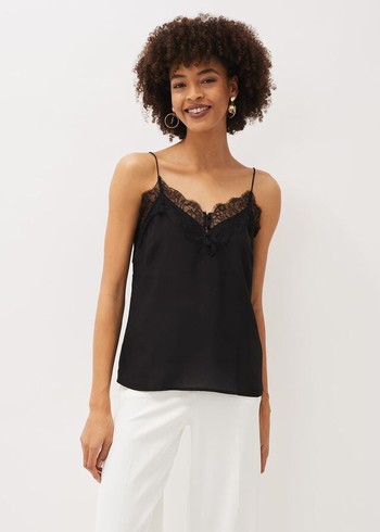 Phase Eight Rachael Lace Trim Silk Camisole Shirts Black USA | 6532847-CU